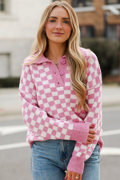 Aude - Checked V-neck jumper with buttons and dropped shoulders