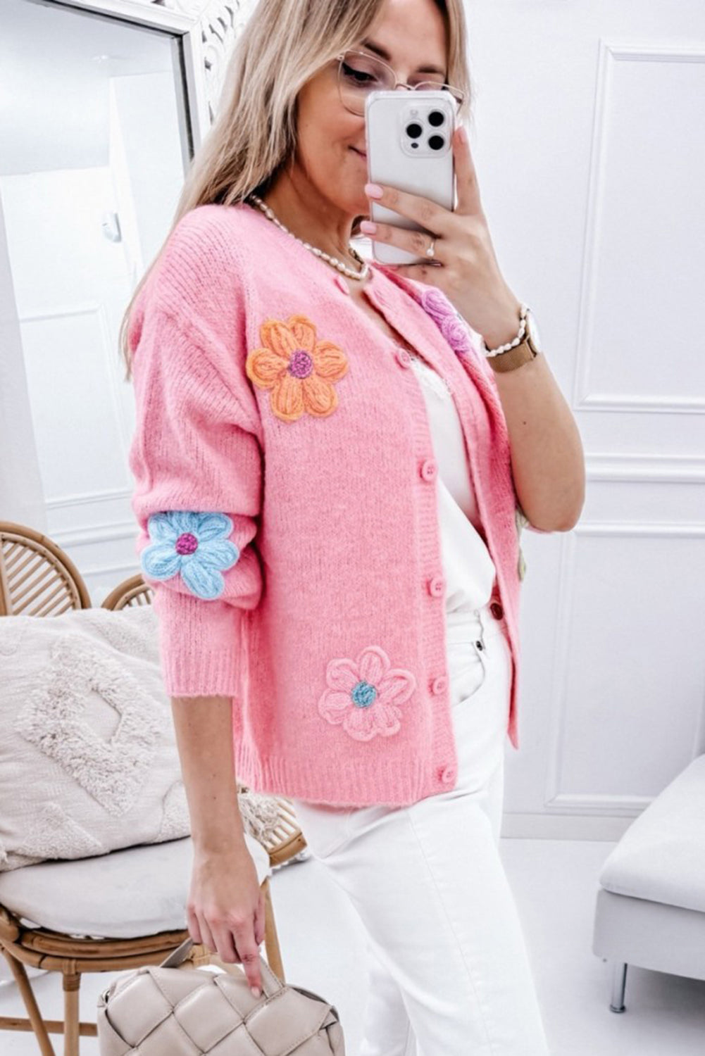 Women's Knit Button Cardigan with 3D Floral Appliqué - Eloria