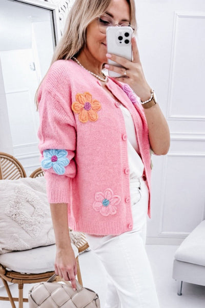 Women's Knit Button Cardigan with 3D Floral Appliqué - Eloria