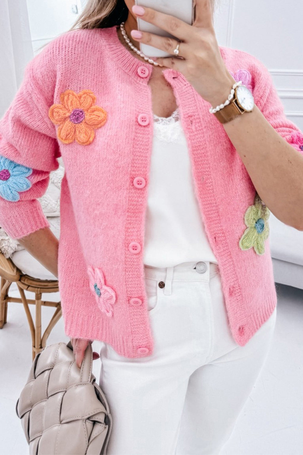 Women's Knit Button Cardigan with 3D Floral Appliqué - Eloria