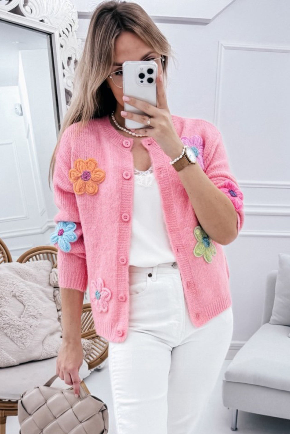Women's Knit Button Cardigan with 3D Floral Appliqué - Eloria