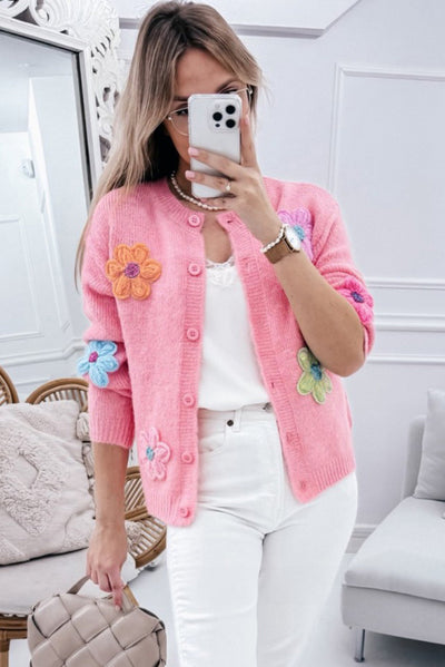 Women's Knit Button Cardigan with 3D Floral Appliqué - Eloria