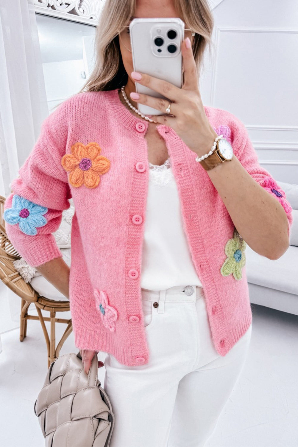 Women's Knit Button Cardigan with 3D Floral Appliqué - Eloria