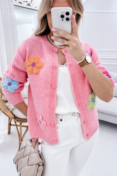Women's Knit Button Cardigan with 3D Floral Appliqué - Eloria