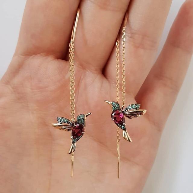Women's Golden Hummingbird Enameled Pendant Earrings - Katja