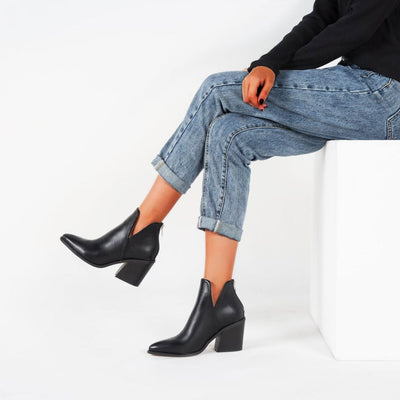 Amelia - Retro Faux Leather Pointed Toe Notch Chunky Heel Ankle Boots