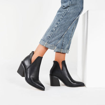 Amelia - Retro Faux Leather Pointed Toe Notch Chunky Heel Ankle Boots