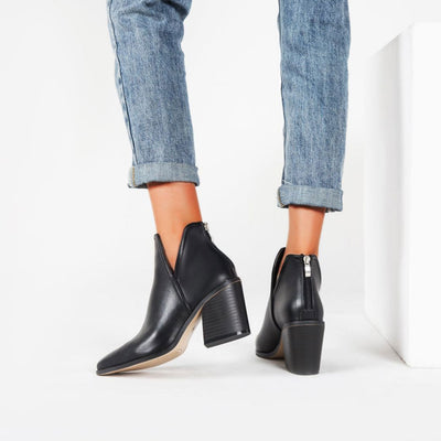 Amelia - Retro Faux Leather Pointed Toe Notch Chunky Heel Ankle Boots