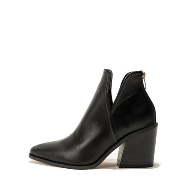 Amelia - Retro Faux Leather Pointed Toe Notch Chunky Heel Ankle Boots