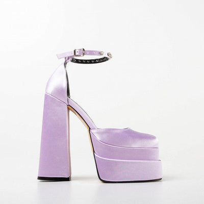 Avery - Shiny Crystal Satin Square Toe Chunky Platform Pumps