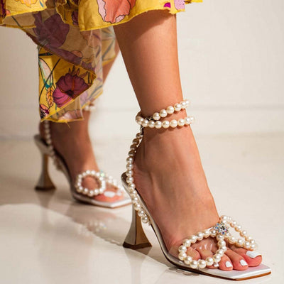 High Heel Sandals - Women - Pearl Strap with Rhinestone Butterfly - White - Laetitia