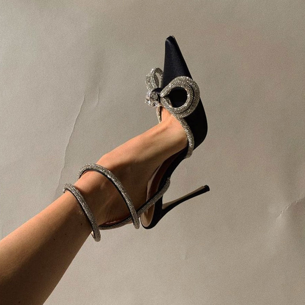 Layla - Sparkly Rhinestone Pointed Toe Ankle Strap Satin Butterfly Heels