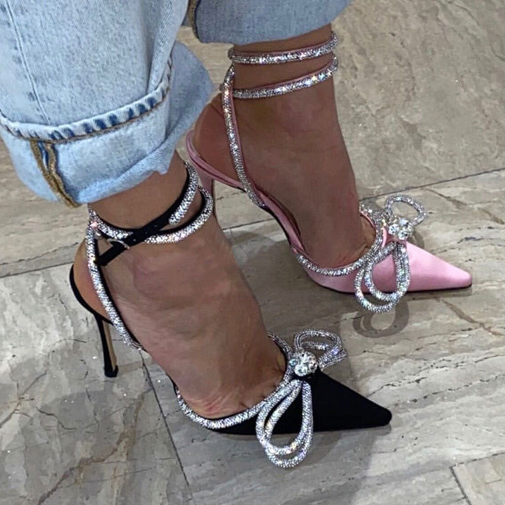 Layla - Sparkly Rhinestone Pointed Toe Ankle Strap Satin Butterfly Heels