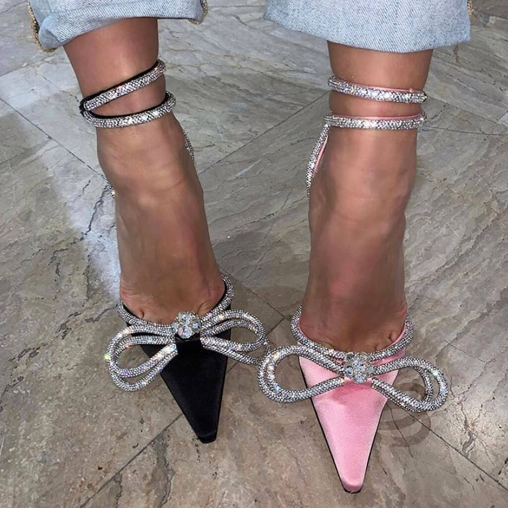 Aria - Sparkly Rhinestone Pointed Toe Ankle Strap Satin Butterfly Heels