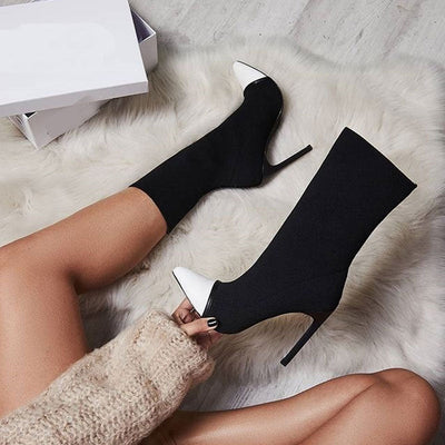 Madison - Trendy Bicolor Panel Pointed Toe High Heeled Ankle Boots