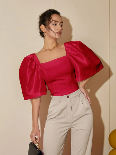 Johanna - Retro Lantern Sleeve Square Collar Elegant Top