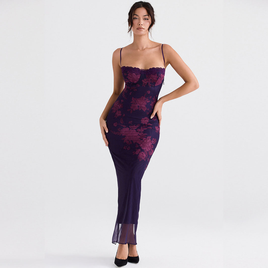 Daphne - Vintage Flower Print Mesh Panel Lace Up Back Slip Maxi Dress