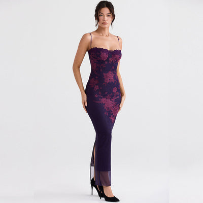 Daphne - Vintage Flower Print Mesh Panel Lace Up Back Slip Maxi Dress