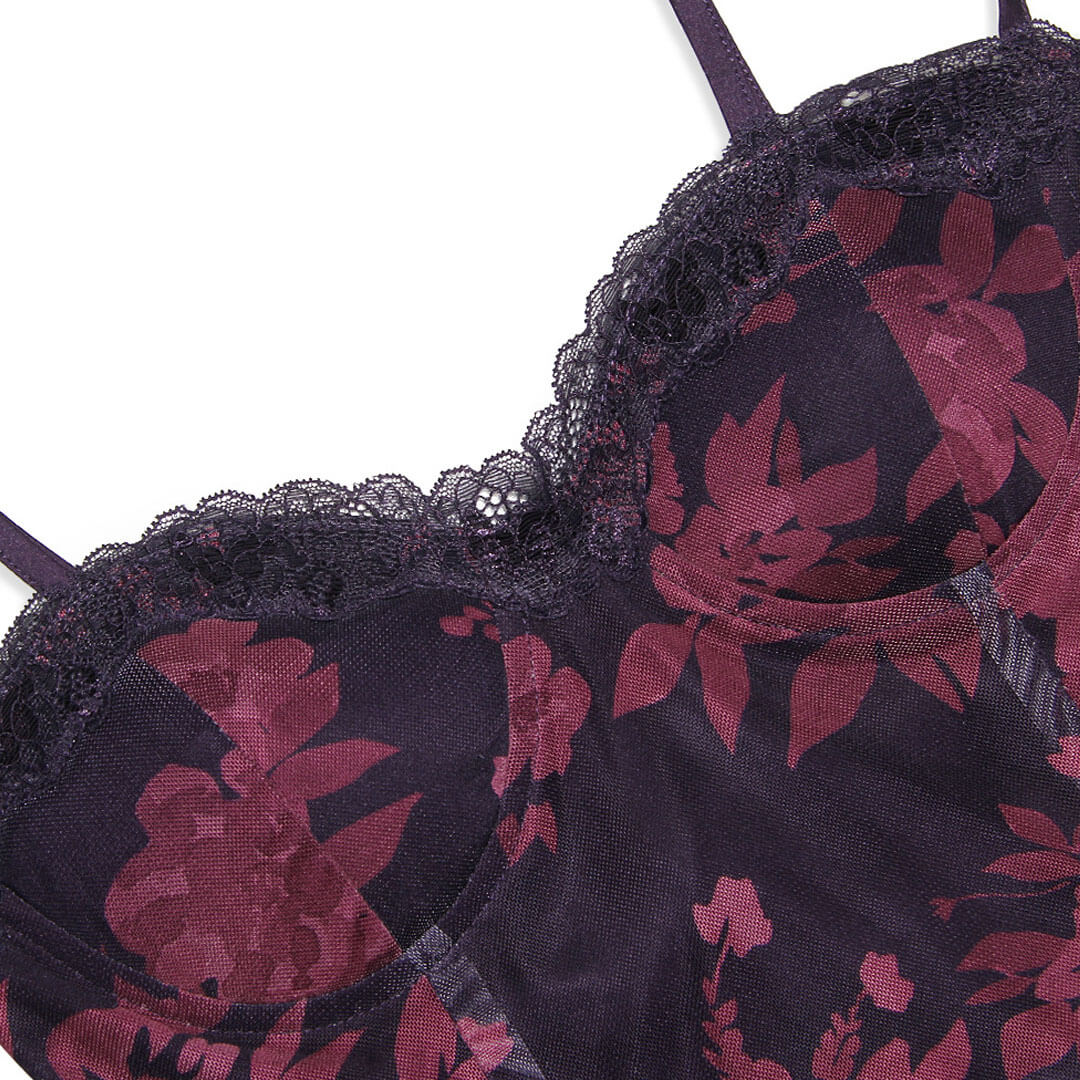 Daphne - Vintage Flower Print Mesh Panel Lace Up Back Slip Maxi Dress