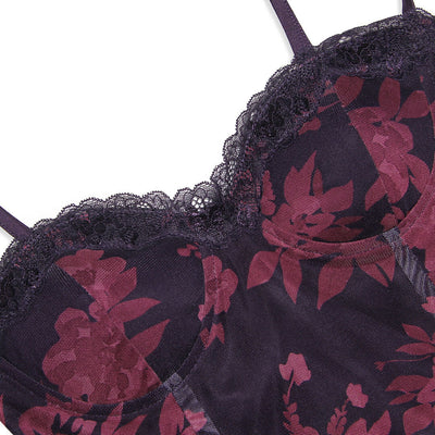 Daphne - Vintage Flower Print Mesh Panel Lace Up Back Slip Maxi Dress